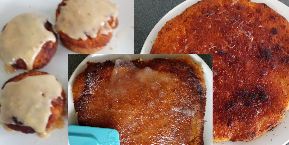 Lemon drizzle cake made three ways; top left cupcakes with vanilla, top right lemon and orange, bottom sugar-free.