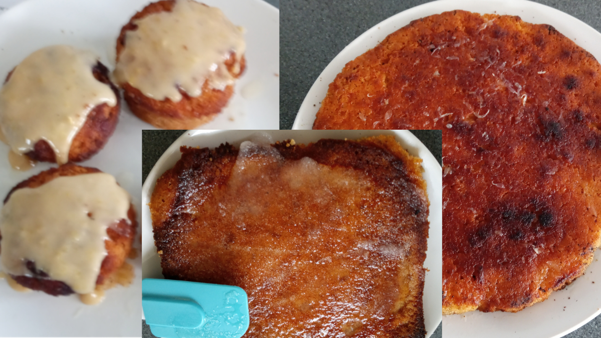 Lemon drizzle cake made three ways; top left cupcakes with vanilla, top right lemon and orange, bottom sugar-free.